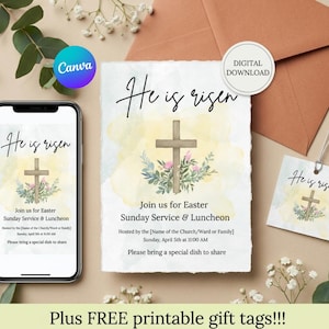 Op de afbeelding: Een Paasontwerp met een smartphone, uitnodiging en cadeaulabel. De uitnodiging en het label tonen een kruis met bloemendetails en de tekst "He is risen". Het ontwerp bevat de tekst "Join us for Easter Sunday Service & Luncheon."