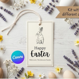 Pode incluir: Uma etiqueta de Páscoa com uma ilustração de coelho e as palavras "Feliz Páscoa". A etiqueta é rodeada por ovos, flores e raminhos de lavanda numa superfície de madeira branca. Uma faixa diz "Kit com 4 designs diferentes."