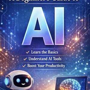 May include: A book cover for "A Beginner's Guide to AI" with a digital design. The cover shows a large "AI" in blue and white, a robot, and a laptop displaying a brain graphic. Text includes "Learn the Basics", "Understand AI Tools", and "Boost Your Productivity".