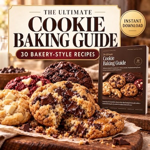 Puede incluir: Una guía digital titulada The Ultimate Cookie Baking Guide con 30 recetas estilo panadería. La portada muestra una colección de galletas con chispas de chocolate y red velvet con trozos de chocolate visibles, junto a un folleto.