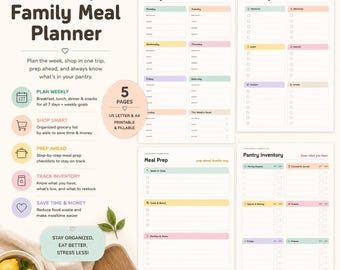 Family Weekly Meal Planner | Grocery List, Meal Prep, Pantry Inventory (Digital Download)