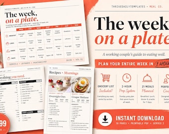 7-Day Meal Planner For Two | Printable PDF | Sunday Prep, Recipes, Grocery List | Instant Download