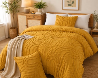 Mustard Yellow Tufted Duvet Cover Set,Textured Comforter Cover, Modern Farmhouse Bedding,