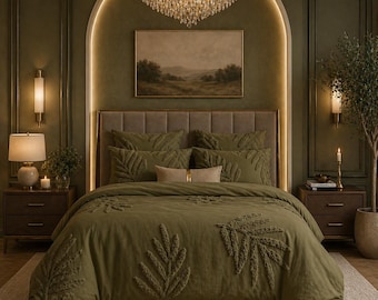 Olive Green Duvet Cover ,Soft Cotton Comforter Cover, Modern Bedroom Decor, Queen King Set