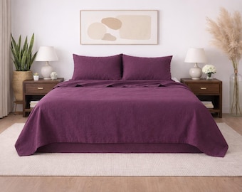 Plum Linen Fitted Sheet – Elastic Deep Pocket Bed Sheet, Breathable Luxury Bedding,
