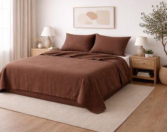Chocolate Brown Linen Bedding Set, Stonewashed Linen Duvet Cover & Pillowcase
