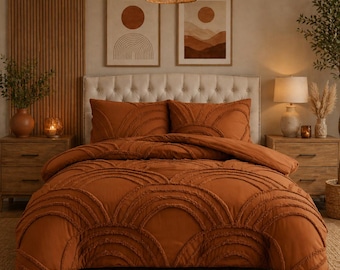 Terracotta tufted Duvet Cover , Boho Comforter Cover, Textured Fringe Bedding,