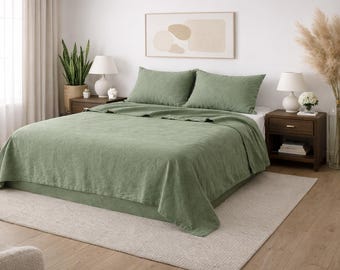 Sage Green Linen Set 4 Piece, Natural Linen Bedding, Elastic Fitted Sheet,