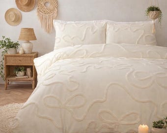 Ivoire 100 % coton housse de couette, parure de lit bohème, housse de couette avec oreiller