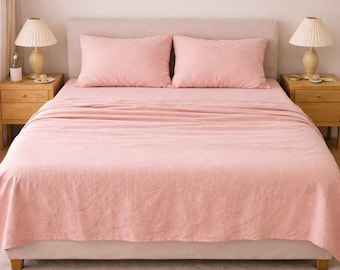 Blush Pink Linen flat and fitted sheet , Minimalist Bedroom Decor, Queen King size sheets
