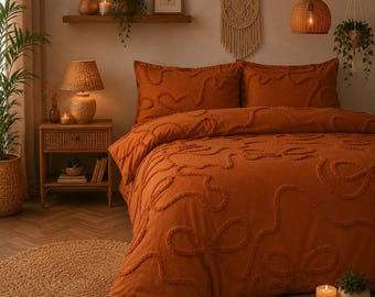 Rust Orange Boho Bedding Set, Tufted Duvet Cover, Textured Quilt Cover, Farmhouse Bedroom Decor