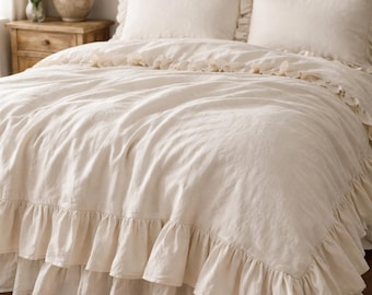 Ivory Ruffle Duvet Cover,  Soft Cotton Duvet Set , Shabby Chic Bedding ,