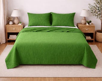 Parrot Green Bed Sheet Set – 4 Piece Linen Bedding with Fitted Sheet