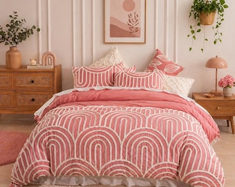 Dark Pink Tufted Duvet Cover , Boho Bedding , Textured Comforter Set, Bedroom Decor,