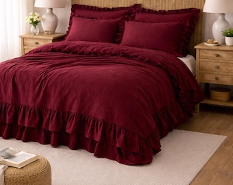 Burgundy Ruffled Bedding Set, Vintage Style Duvet Cover with Pillow Shams, Romantic Bedroom Decor,