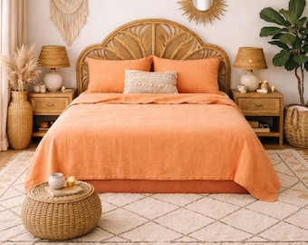 Boho Bedroom Photography Print, Warm Neutral Home Decor, Rattan Bed Wall Art, Minimal