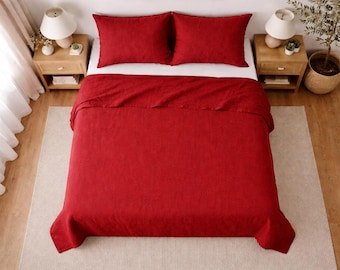 Red Linen Bedding Set 4 Piece, Fitted , Flat Sheet Pillowcases, Breathable Luxury Bed Sheets