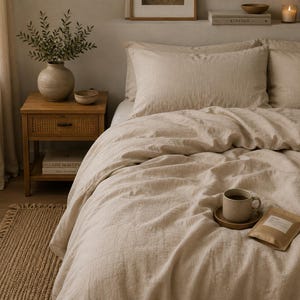 May include: A beige linen duvet cover set with matching pillowcases on a bed. The fabric has a visible textured weave. A ceramic mug on a saucer and a small paper packet are placed on the duvet. The bedding is in a neutral-toned room.