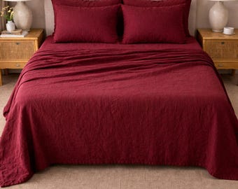 Wine Red Linen Bedding Set , Soft Washed Linen  Sheets | Luxury Natural  bed sheet