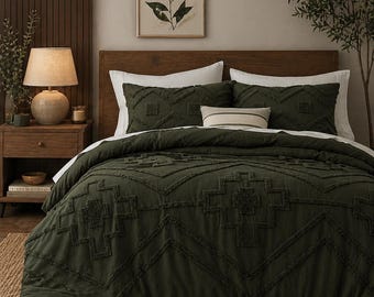 Dark Green Duvet Cover with Pillow , Tufted Boho Bedding, Comforter Cover, Farmhouse Bedroom Set