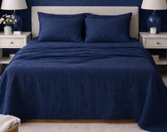 Navy Blue Linen Bedding Set – Fitted Sheet & Pillowcases – Soft Breathable Bed Set