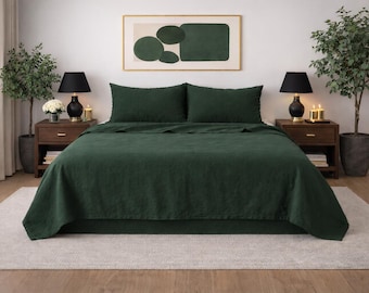 Dark Green Linen Bedding Set – Modern Minimalist Bedroom Decor ,  Botanical Home Style