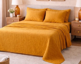 Mustard Yellow Linen Sheets  Set  , Soft Washed Bedding Set, Dark  Bed Sheet