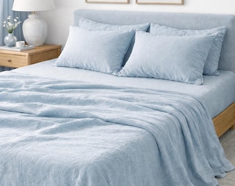 Ice Blue Linen Sheet Set | Stone Washed, Soft Custom Size