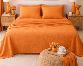 Orange Linen Bedding Set  | Elastic Fitted Sheet & Pillowcases | Soft Washed Linen Bed Sheets |