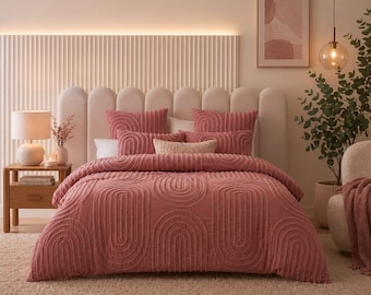 Dark Pink Tufted Duvet Cover , Boho Bedding Set, Textured  Comforter Cover, Modern  Bedroom Decor,