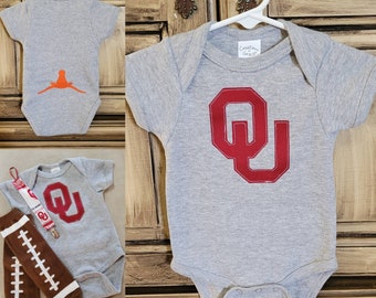 OU Sooners Baby Onesie w/ Upside Down Longhorn - Matching Pacifier Clip & Football Leg Warmers Optional