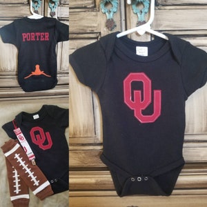 OU Sooners Baby Onesie w/ Upside Down Longhorn & Name, Personalized Jersey Style - Matching Pacifier Clip and Football Leg Warmers Optional