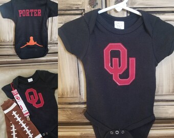 OU Sooners Baby Onesie w/ Upside Down Longhorn & Name, Personalized Jersey Style - Matching Pacifier Clip and Football Leg Warmers Optional
