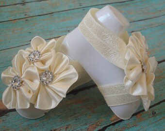 Barefoot Sandals -Ivory Cream Flower Clusters w/ Rhinestones - Matching Set with Headband Optional