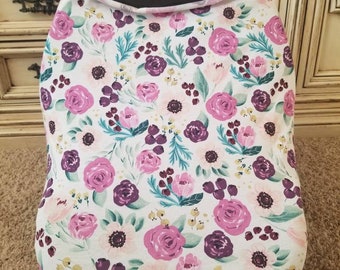 Plum & White Floral Stretchy Car Seat Cover, Nursing Cover