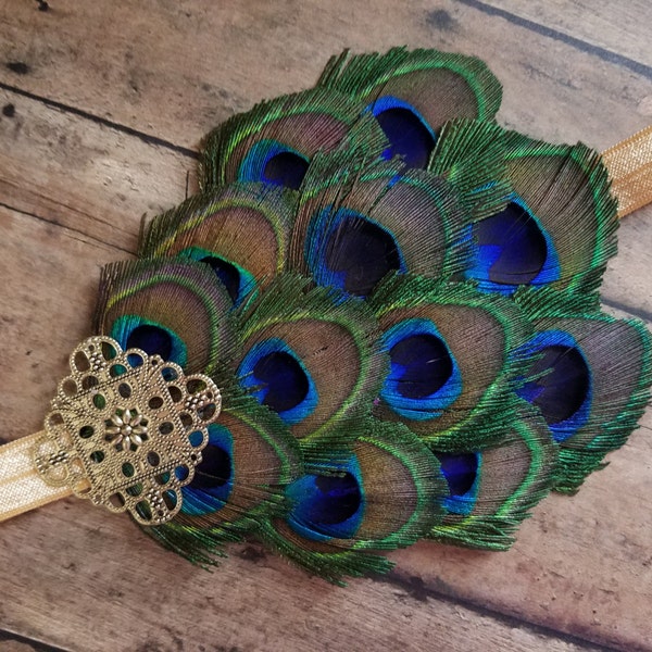 Peacock Feather Headband Adult, Baby, Toddler, Girl with Large Gold Button on Stretch Gold Elastic, Peacock Feather Headpiece