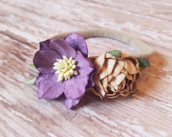 Purple & Tan Flower Headband - one size fits all