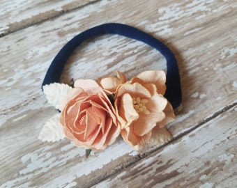 Coral / Salmon & Navy Flower Headband - one size fits all