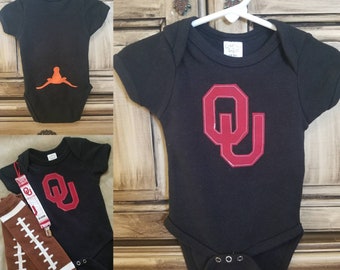 OU Sooners Baby Onesie w/ Upside Down Longhorn - Matching Pacifier Clip & Football Leg Warmers Optional