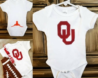 OU Sooners Baby Onesie w/ Upside Down Longhorn - Matching Pacifier Clip & Football Leg Warmers Optional