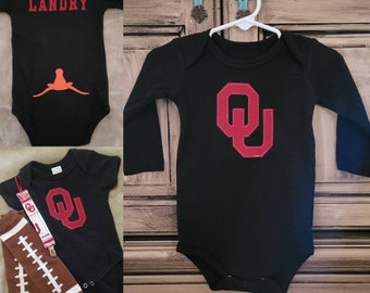 OU Sooners Baby Longsleeve Onesie w/ Upside Down Longhorn & Name, Personalized, Matching Pacifier Clip and Football Leg Warmers Optional