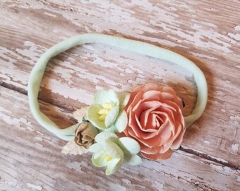 Mint, Coral & Tan Flower Headband - one size fits all