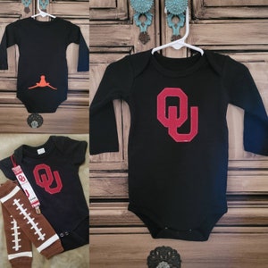 OU Sooners Baby Longsleeve Onesie w/ Upside Down Longhorn, Matching Pacifier Clip and Football Leg Warmers Optional