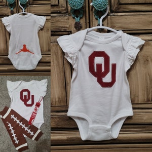 OU Sooners Baby Onesie w/ Upside Down Longhorn - Matching Pacifier Clip & Football Leg Warmers Optional