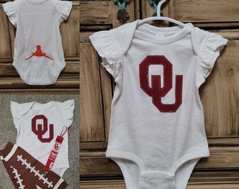 OU Sooners Baby Onesie w/ Upside Down Longhorn - Matching Pacifier Clip & Football Leg Warmers Optional