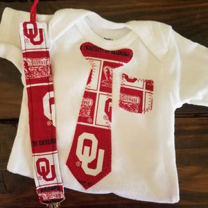 OU Sooners Onesie w/ Necktie and Pocket - Matching Pacifier Clip Optional