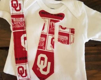 OU Sooners Onesie w/ Necktie and Pocket - Matching Pacifier Clip Optional