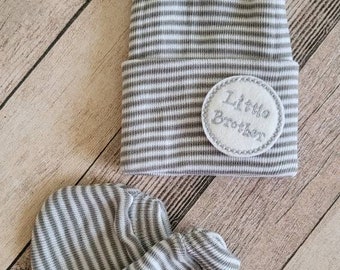 Baby Boy Little Brother Beanie and Mittens, Hospital Cap, Infant Hat, Hospital Hat Newborn, Little Brother Hat, Baby Boy Beanie Knit Hat