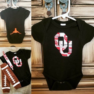 OU Sooners Baby Onesie w/ Upside Down Longhorn - Matching Pacifier Clip & Football Leg Warmers Optional