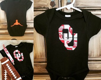 OU Sooners Baby Onesie w/ Upside Down Longhorn - Matching Pacifier Clip & Football Leg Warmers Optional